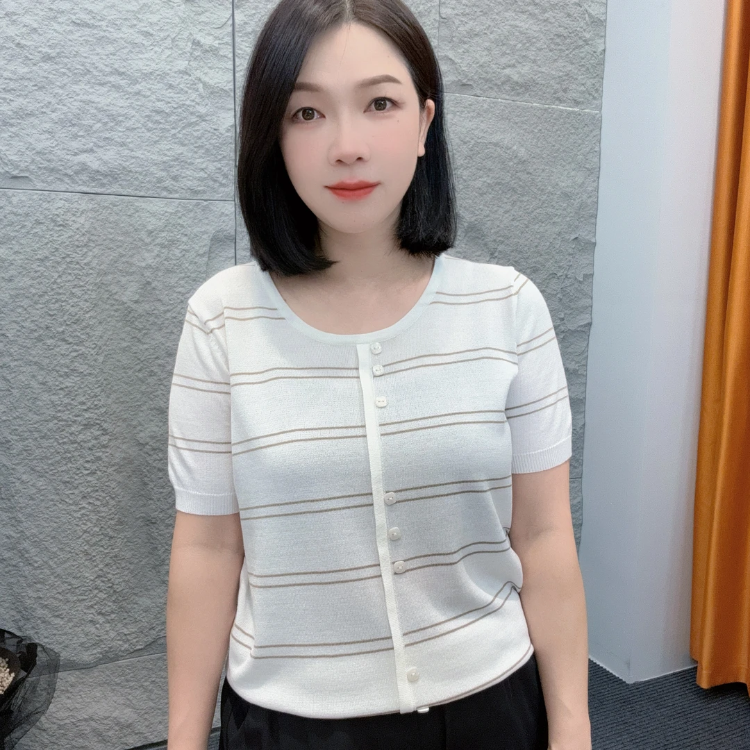 4272夏季薄款圆领假开衫条纹纽扣短袖【大米家短袖】经典百搭休闲款