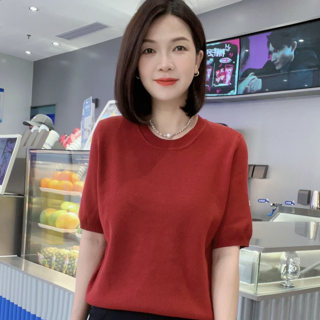 3619秋冬季毛衣针织衫短袖显瘦气质休闲时尚百搭圆领纯色潮流上衣