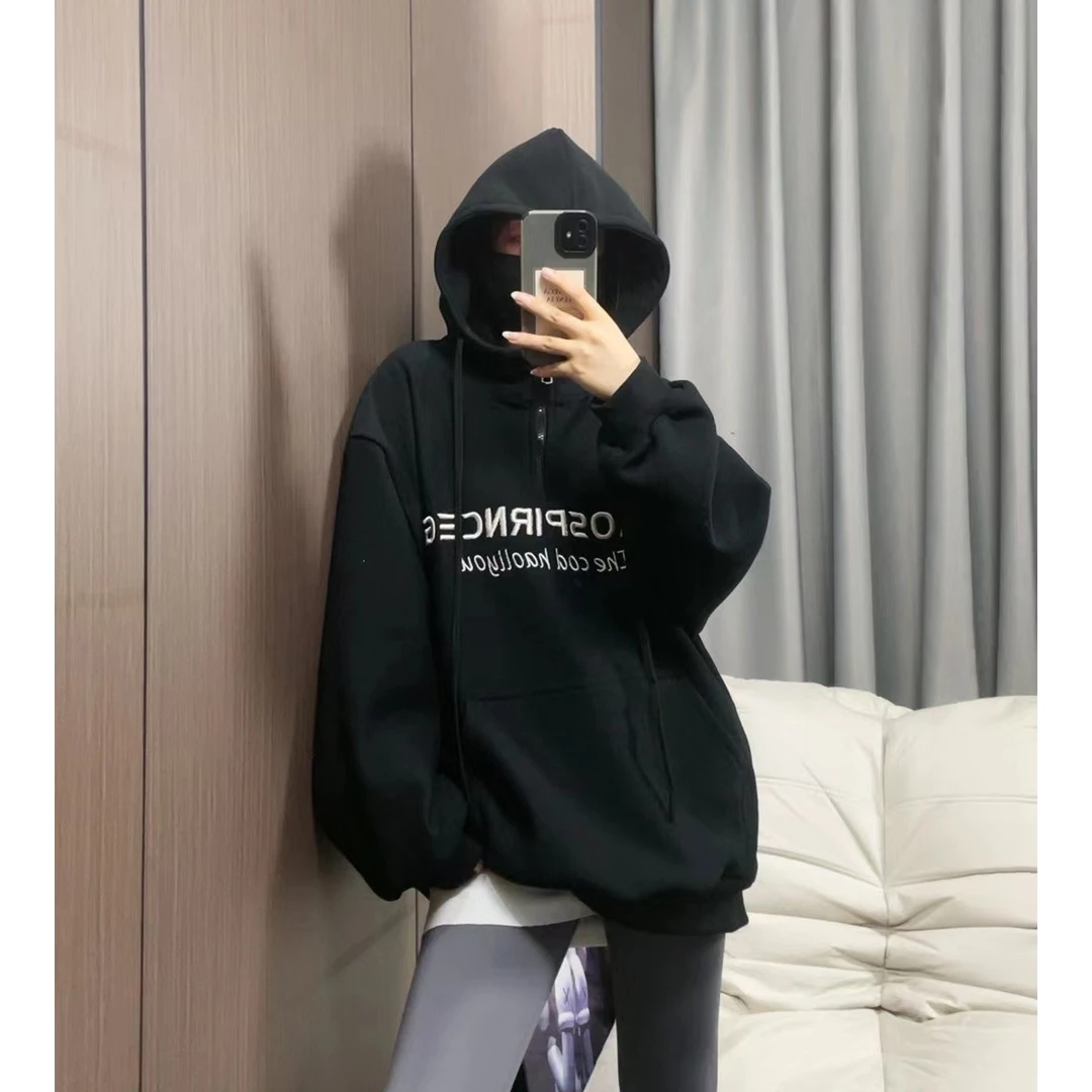 半开拉链设计感加绒加厚高端连帽卫衣女美式高街范ins帽衫外套