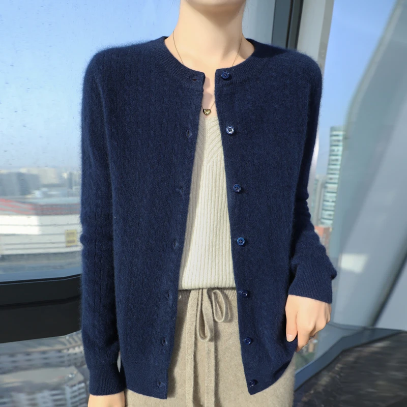 春秋新款针织圆领麻花开衫长袖针织衫时尚休闲