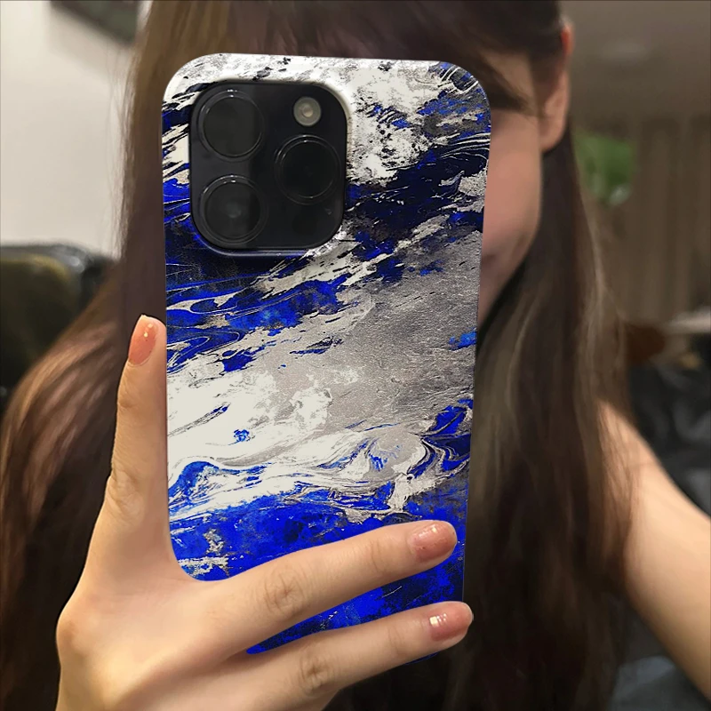 蓝白油画小众苹果15手机壳iPhone14promax菲林13硬12/11男x保护套