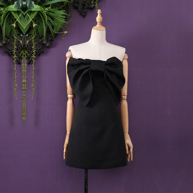 法式复古名媛气质性感露背抹胸蝴蝶结修身显瘦包臀连衣裙短裙礼服