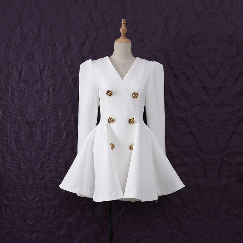 重工名媛气质性感V领立体玫瑰花金属扣拼接裙摆西装连衣裙短裙女