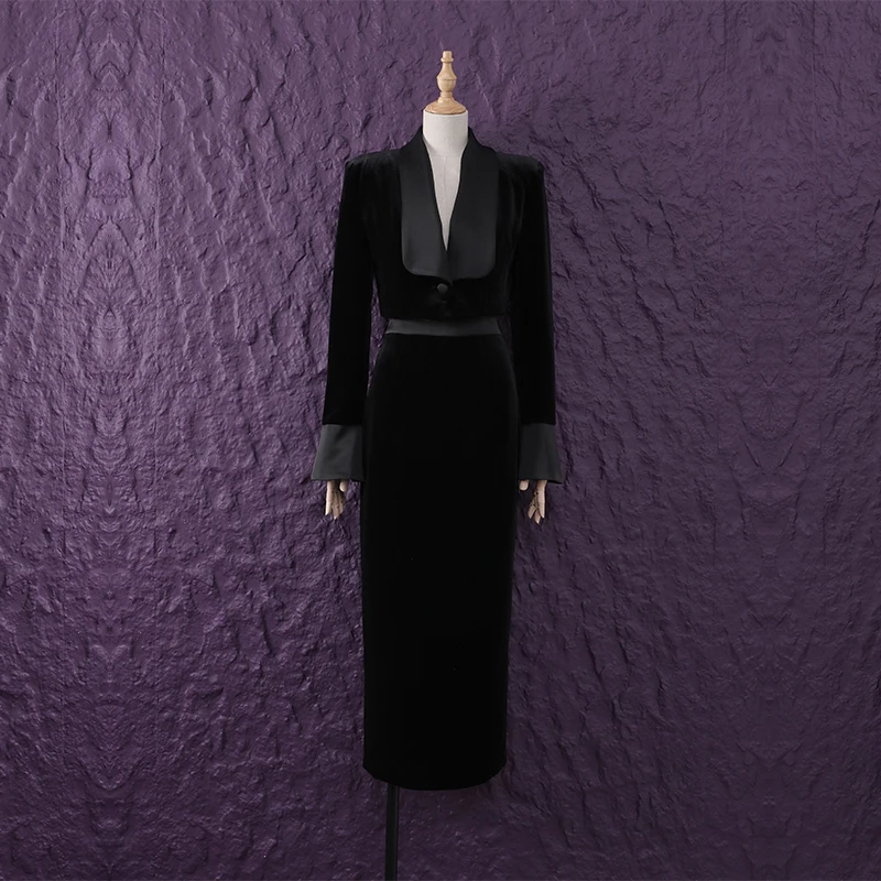 复古名媛气质设计感缎面拼接丝绒短款小西装外套高腰包臀半裙套装