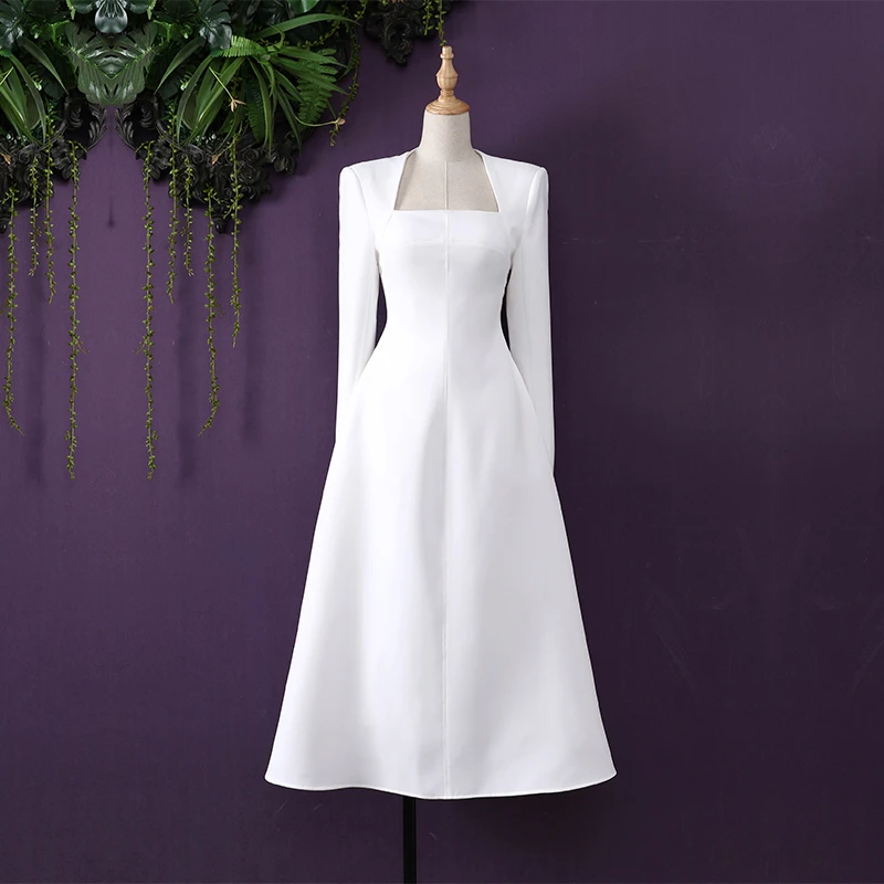 法式复古名媛气质性感方领修身显瘦A字摆长袖高腰连衣裙礼服裙女