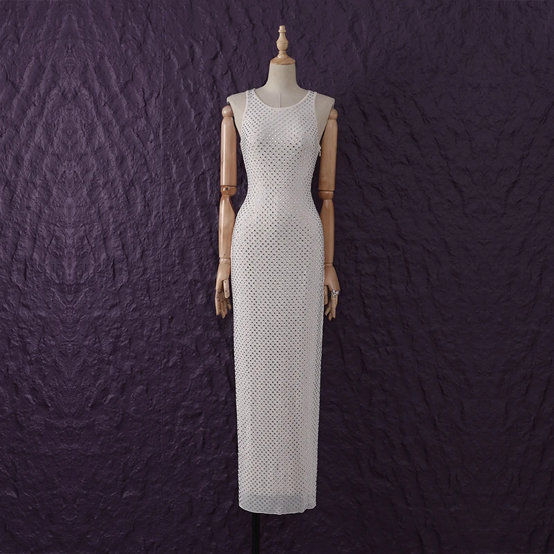 名媛气质修身显瘦包臀吊带无袖重工烫钻连衣裙轻奢晚宴礼服长裙女