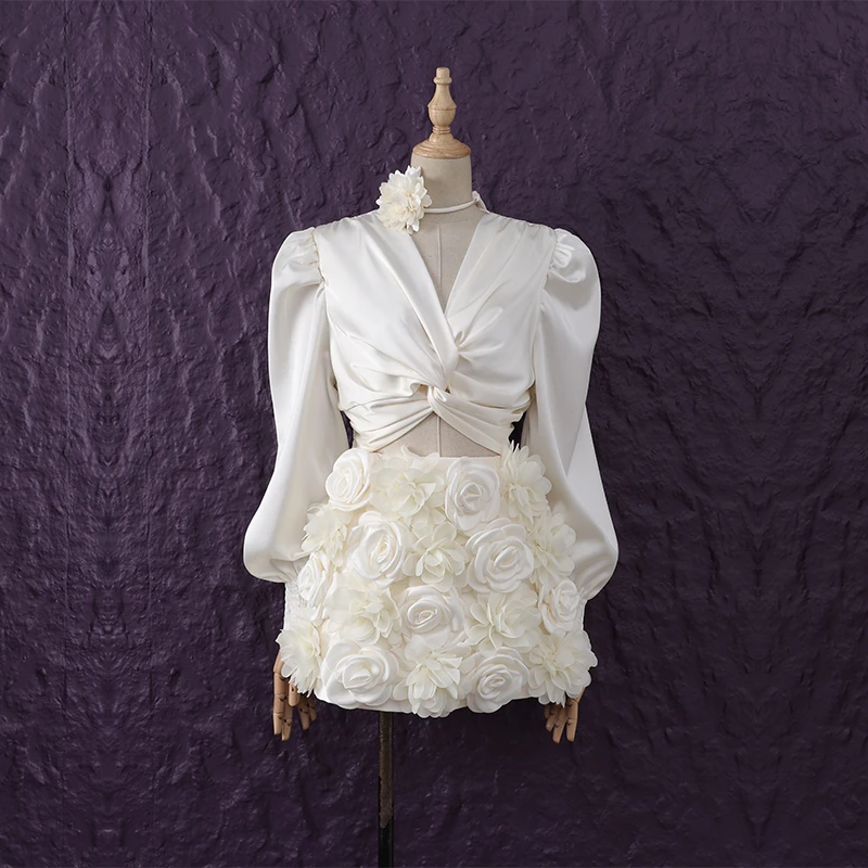 绝美轻奢名媛气质缎面V领灯笼袖收腰上衣立体花朵高腰裙裤套装女