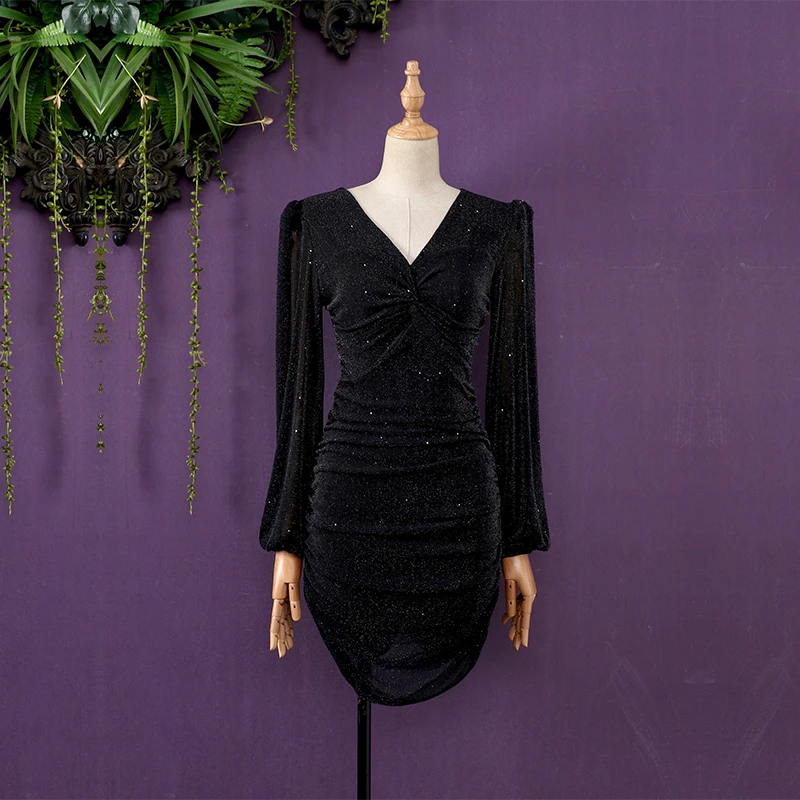 名媛气质性感V领重工烫金收腰显瘦纽结泡泡袖包臀长袖网纱连衣裙