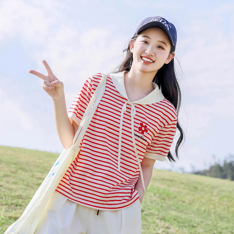 初中生夏装短袖条纹T恤学院风13岁15少女高中学生大童休闲上衣潮