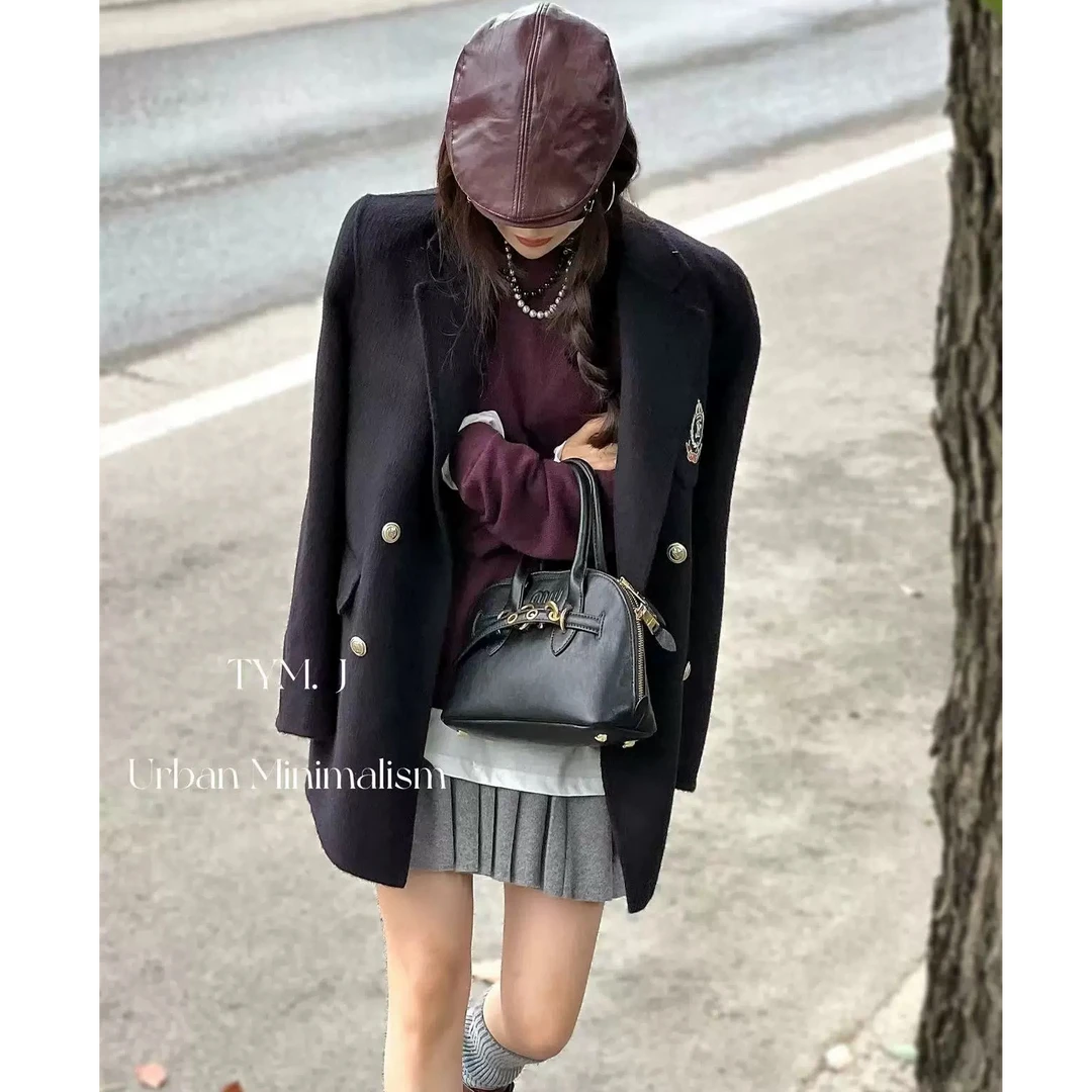 【no退no换 谨慎下单】学院风双排扣毛呢外套女宽松中长款西装 8867