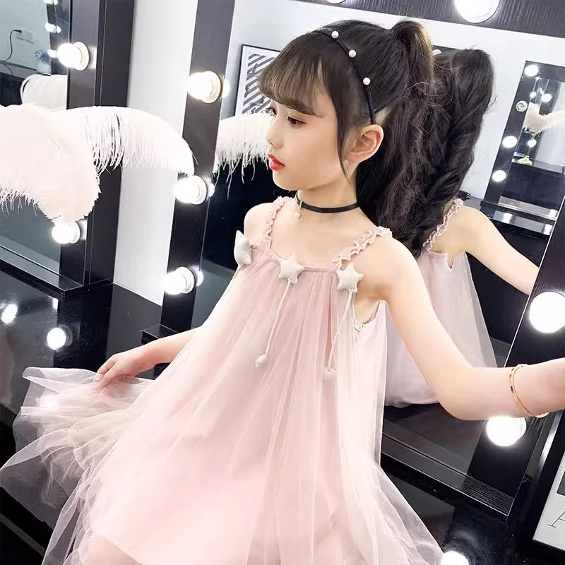 女童连衣裙网红洋气无袖网纱裙儿童吊带裙公主生日夏季女孩裙子