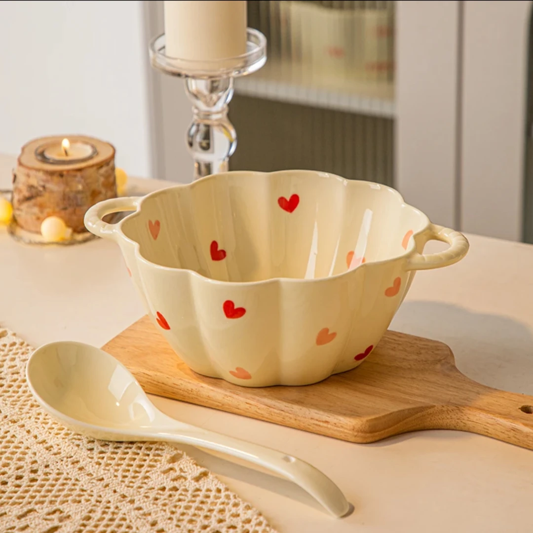家用大汤碗+勺奶油桃心南瓜双耳汤碗大容量螺蛳粉碗陶瓷大碗 D192