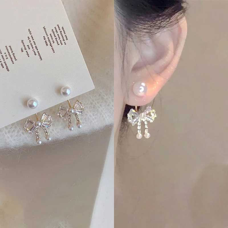 铜合金合成锆石耳饰 甜美蝴蝶结925银针锆石耳钉轻奢气质一款两戴