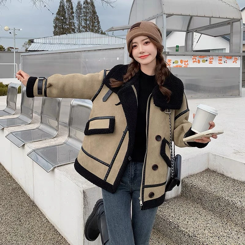 2024新款韩版仿羊羔毛外套女冬时尚拼接机车服加厚ins皮毛一体潮