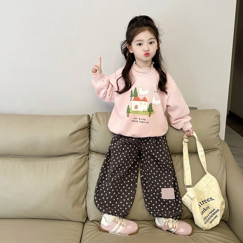 女童韩版套装女宝宝冬季幼儿园穿搭粉色加绒卫衣波点一体绒束脚裤