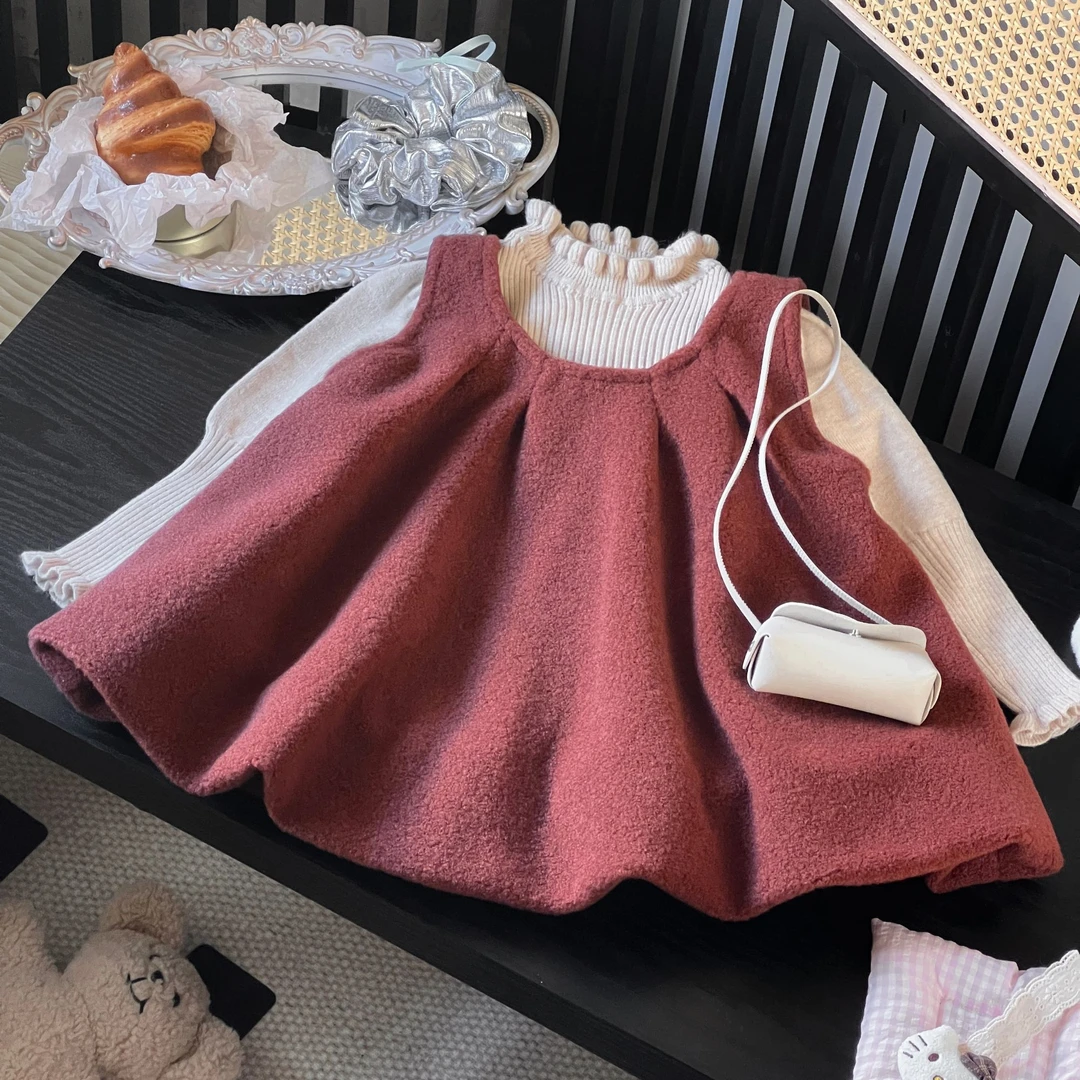 女童冬款加绒公主裙套装2025新款毛呢毛衣两件套韩版生日礼服裙子