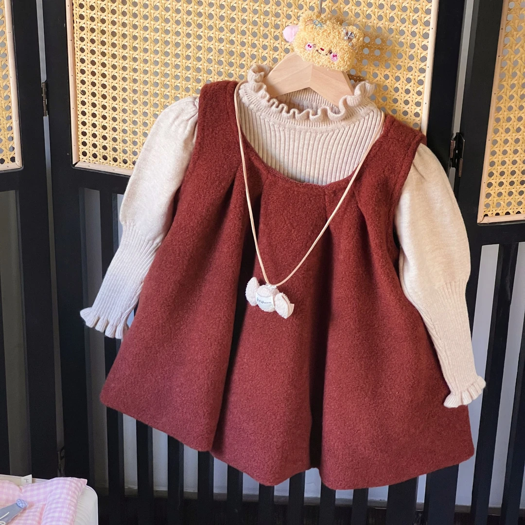 女童冬款加绒公主裙套装2024新款毛呢毛衣两件套韩版生日礼服裙子