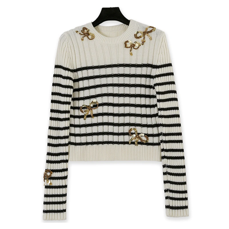 华子早秋新款蝴蝶钉珠条纹时尚百搭针织衫上衣01500