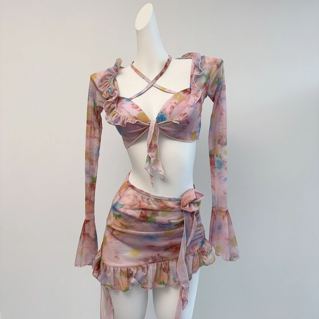 2024新款印花小香风比基尼遮副乳吊带泳衣女泡温泉春夏三件套泳衣