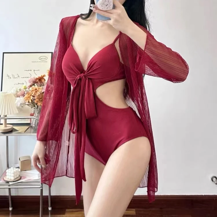 纯欲酒红连体泳衣女罩衫防晒两件套钢托聚拢性感露腰美背度假三亚