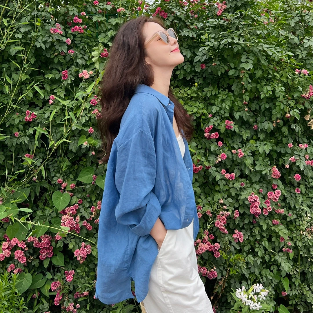 MANMANS法式松弛感衬衫 薄苎麻宽松防晒衬衣尼斯蓝色衬衣棉麻女