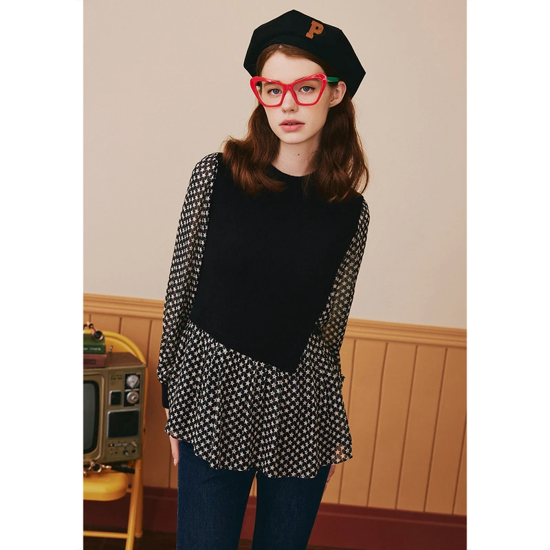 诗篇长袖时尚复古宽松圆领设计感小众拼接套头毛针织衫6C33306240