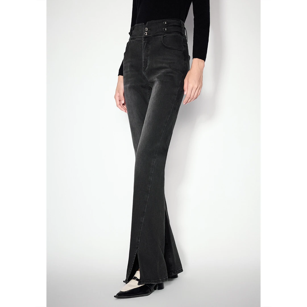 SALT.P可颜冬季新款显瘦时尚高腰暖姜微开叉抓毛牛仔裤AC34520120