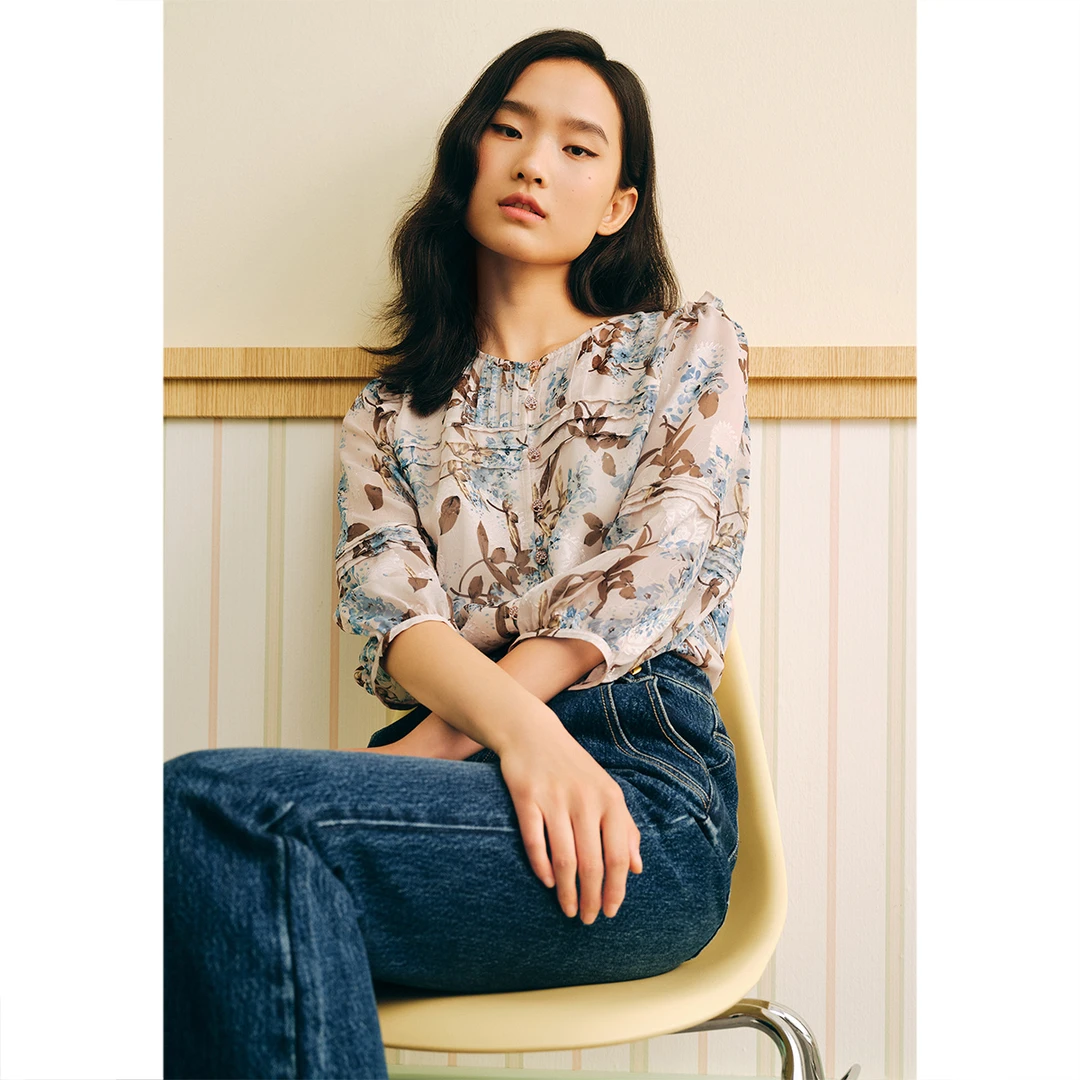 可颜温婉典雅端庄长袖提花气质七分雪纺衫AC53370026