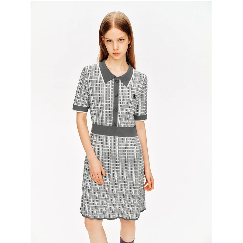 诗篇春夏新款格纹高弹力气质连衣裙6C64206443