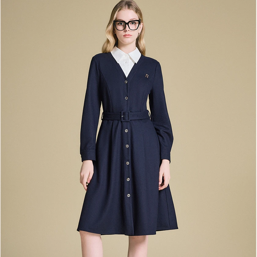 诗篇25年新款显瘦气质长袖收腰百搭羊毛混纺连衣裙6C65105023