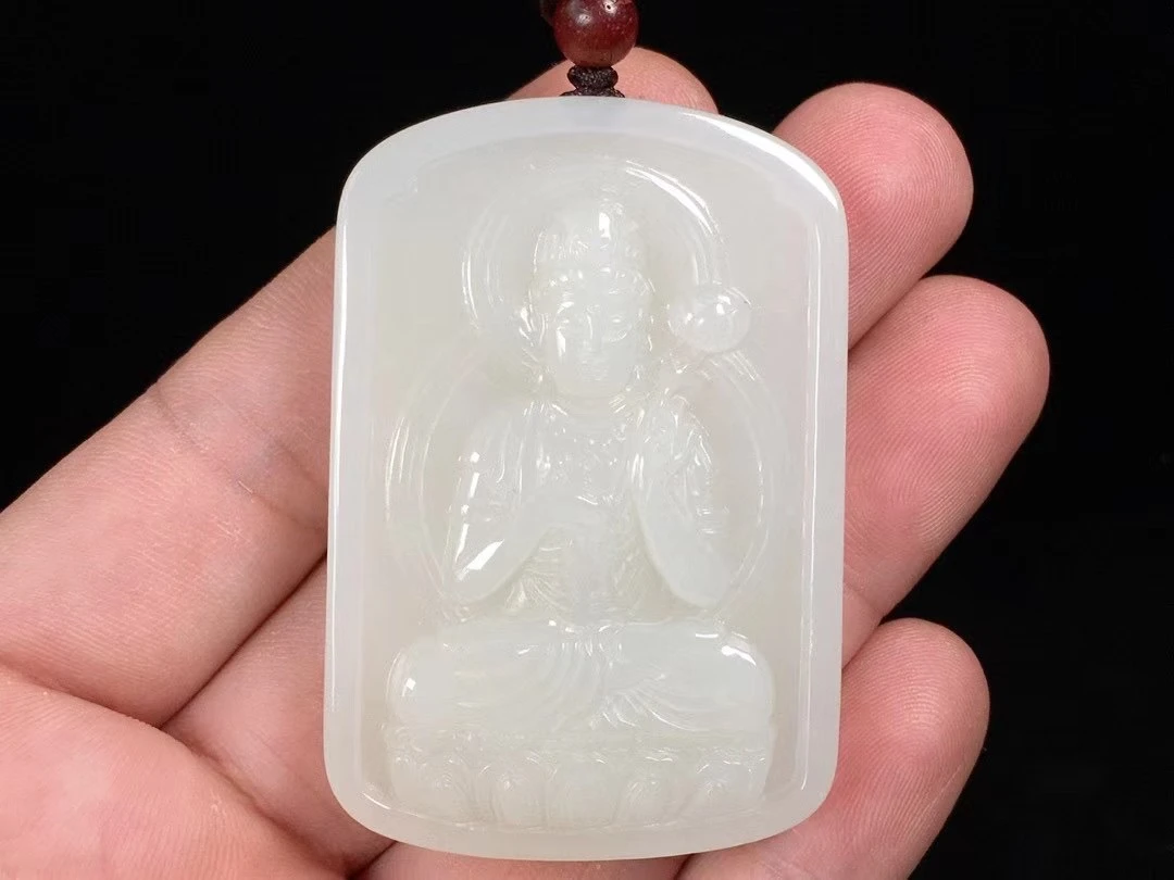 天然新疆和田白玉【大势至菩萨】属马守护神男女同款挂件牌子吊坠