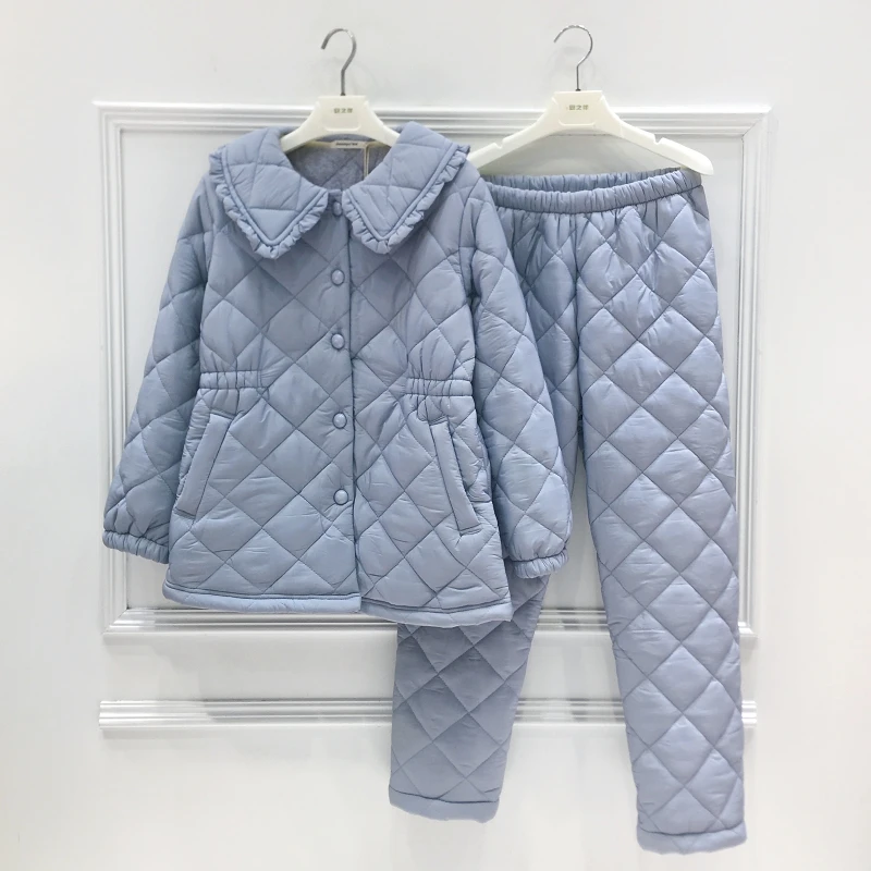 精雅羽绒布夹棉睡衣女冬款2023新款加厚加绒甜美法式轻奢家居服女