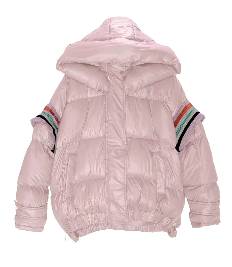 2023年冬季【设计师款】韩版宽松连帽羽绒服拼接中长款