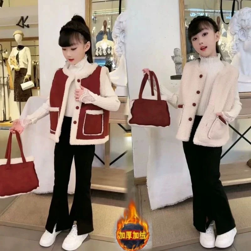 双面穿毛绒马甲*女童装秋冬新款冬装中大童洋气加绒加厚套装冬款