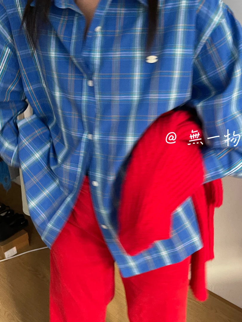 小众复古休闲亮色翻领格纹衬衫宽松外套设计感长袖上衣