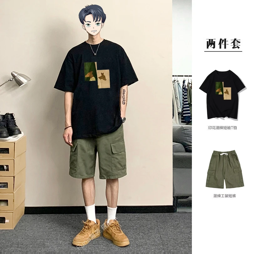 T恤男夏季日系黑色短袖套头圆领上衣潮流印花tee短裤帅气一套搭配