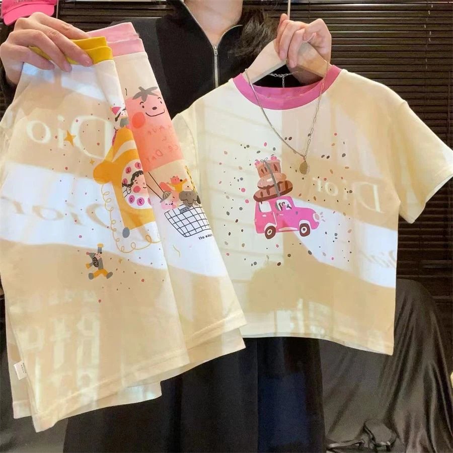 新款纯棉女童短袖T恤夏季儿童潮牌上衣韩版甜美可爱拼色打底