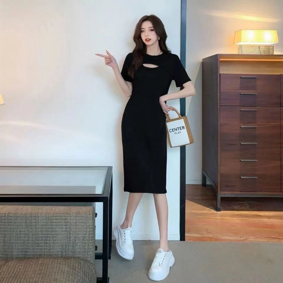 2023年镂空韩版甜美中长款连衣裙百搭显瘦直筒连衣裙女H002