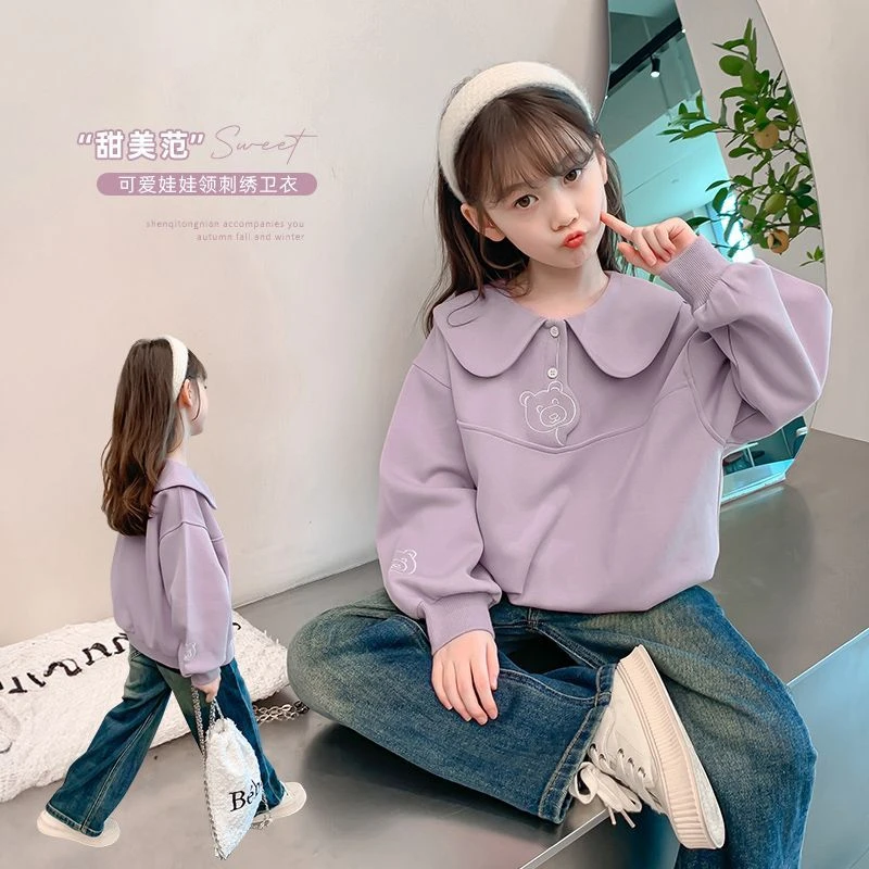 女童春秋卫衣刺绣2025新款外穿紫色套头卫衣娃娃领时髦公主风