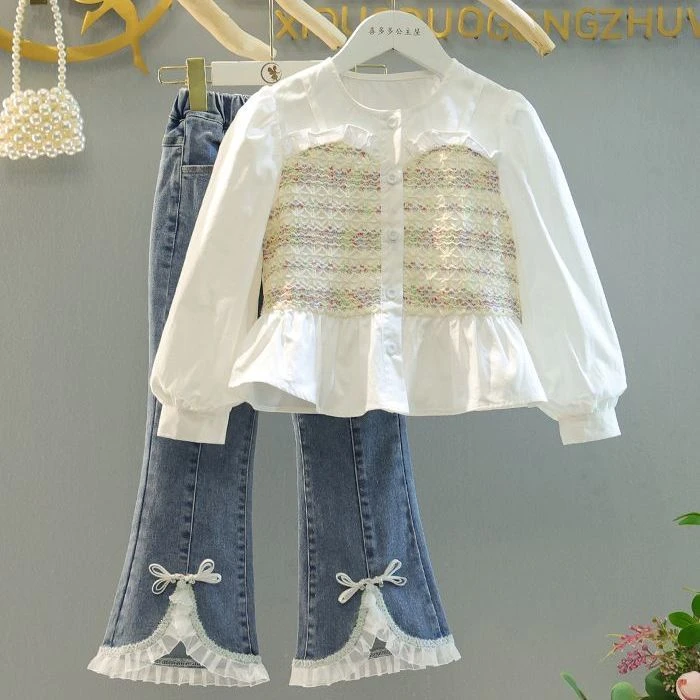 女童秋季套装2025新款衬衫牛仔裤两件套小女孩公主风时髦长裤长袖