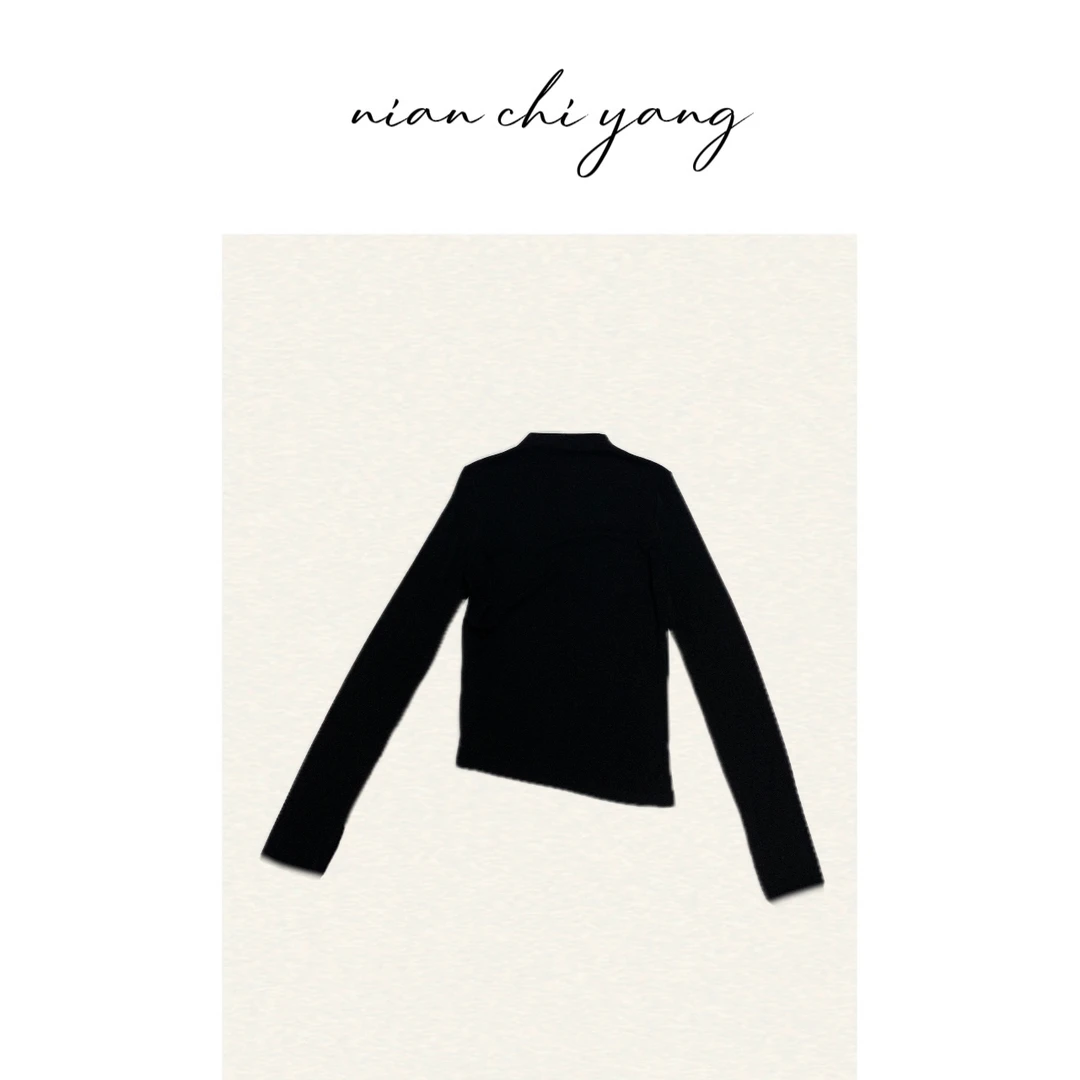 [新款]【天+丝+羊毛】小高领黑色打底衫褶皱设计斜下摆YY1395