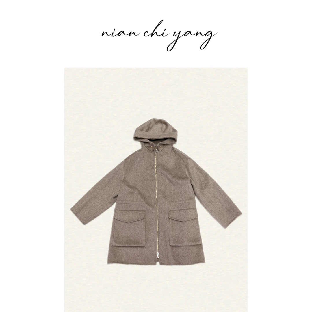 [新款]【100美丽诺羊毛】LO手工缝制拉链连帽大衣双面呢大衣YY1518