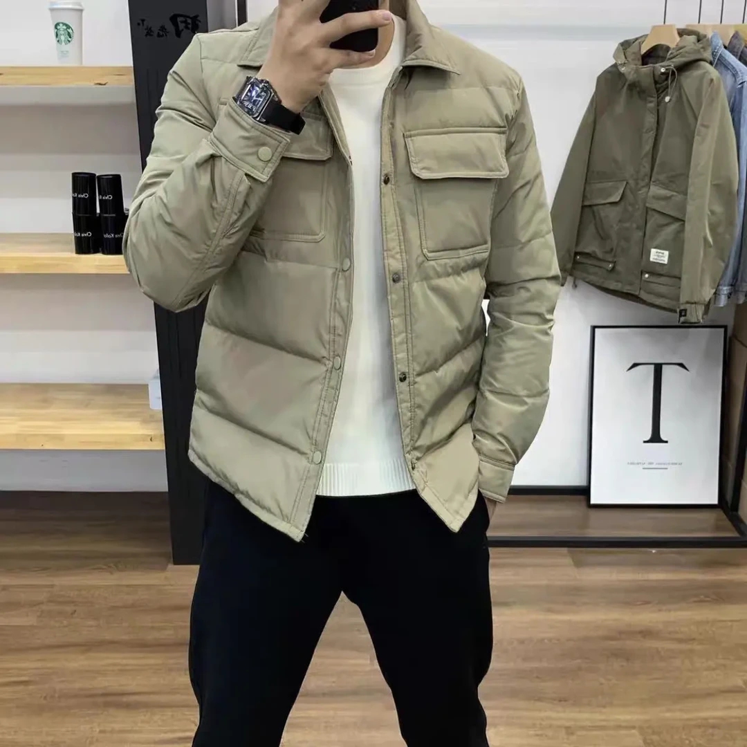 冬季新款男士棉服纯色简约翻领工装商务休闲百搭保暖显瘦外套棉衣