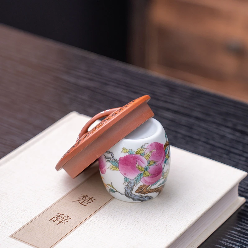 珐琅彩九桃陶瓷盖置茶壶盖碗盖托底托陶瓷盖至防污渍防茶渍防细菌