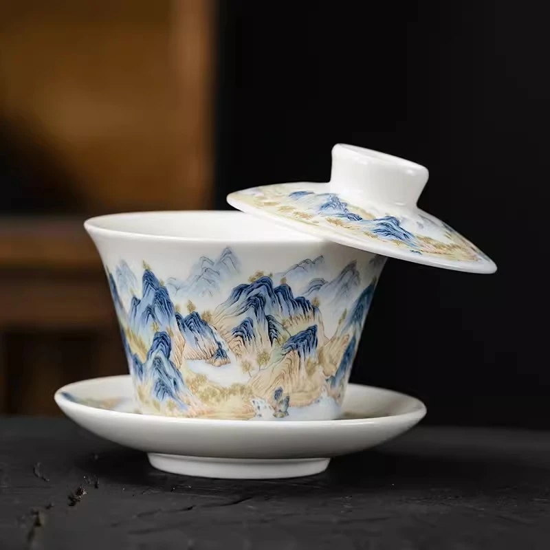 可悬停盖碗不烫手三才功夫茶具陶瓷茶盏单个仿手绘陶瓷茶碗杯