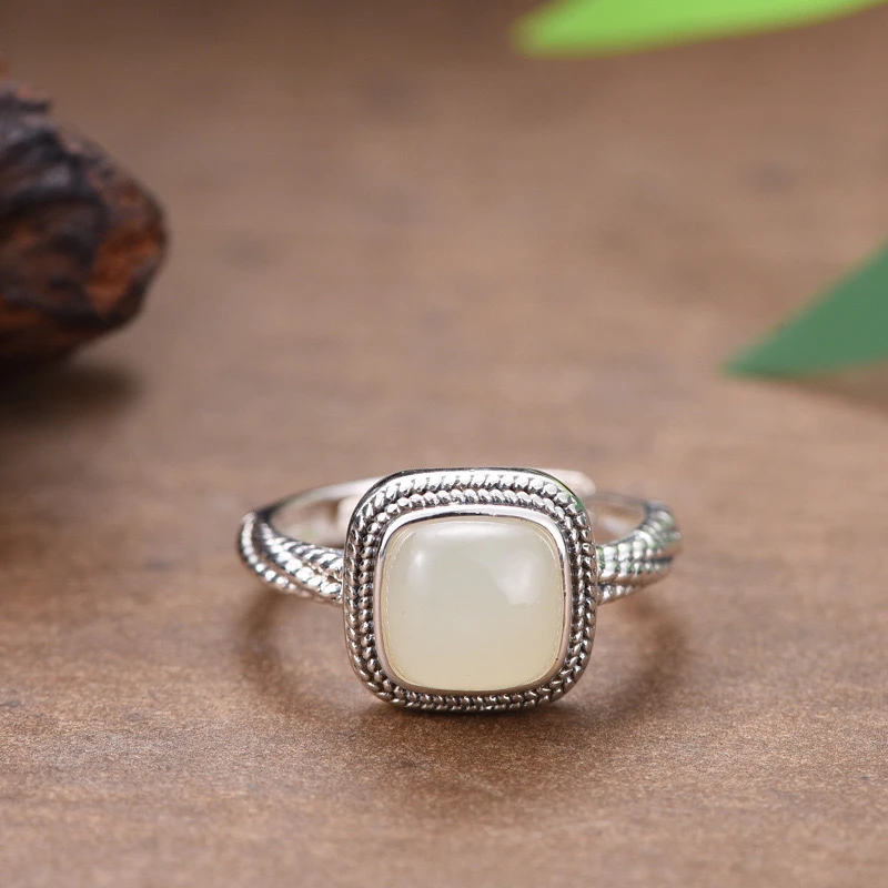 925纯银创意方糖设计镶嵌和田玉戒指复古做旧百搭指环