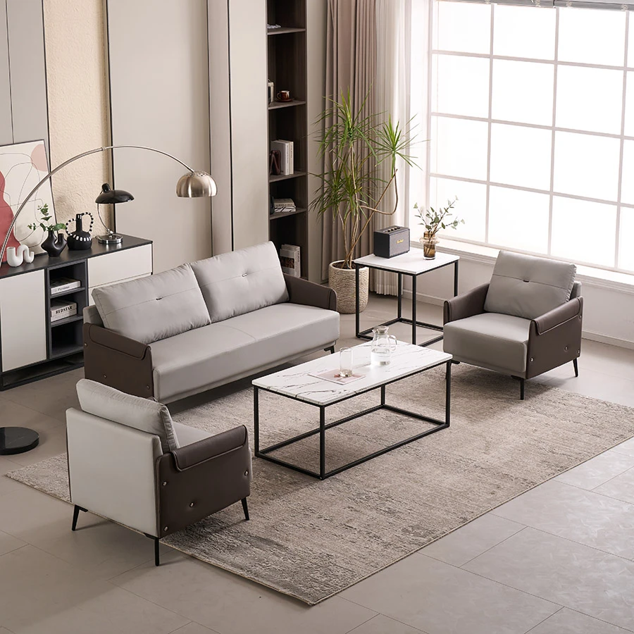 客厅小户型简约现代出租房家用意式皮沙发美容院休息区三人沙发