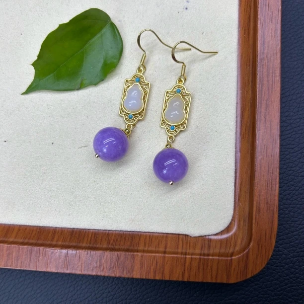 翡翠紫色圆珠气质耳饰131