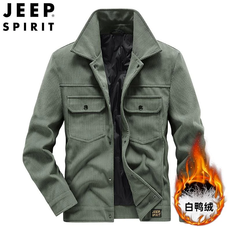 JEEP/吉普外套男棉服秋冬季工装黑色运动短款翻领灯芯绒夹克男装
