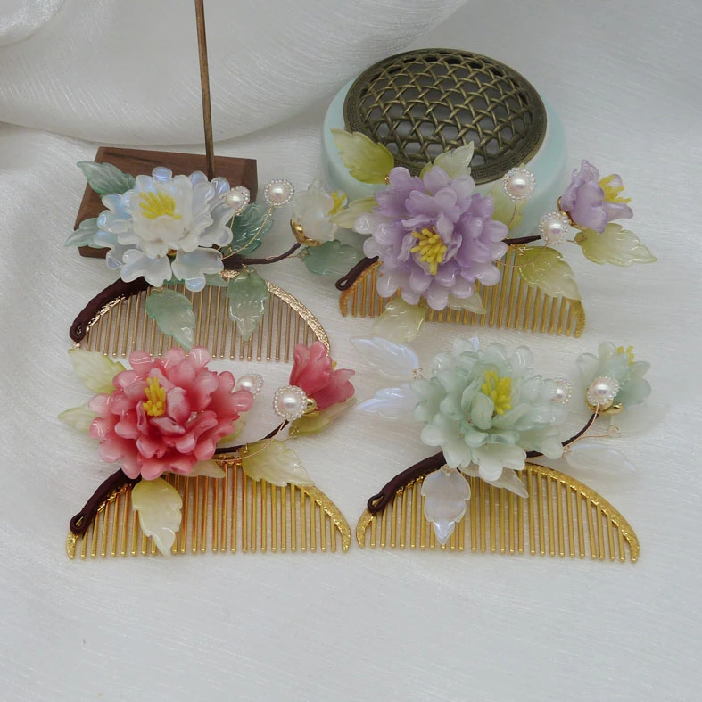 铁合金发饰 琉璃牡丹花朵发梳 古风汉服diy手工饰品 汉服配饰